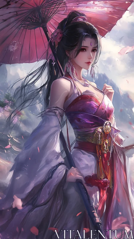 Elegant parasol maiden wandering through misty petals.