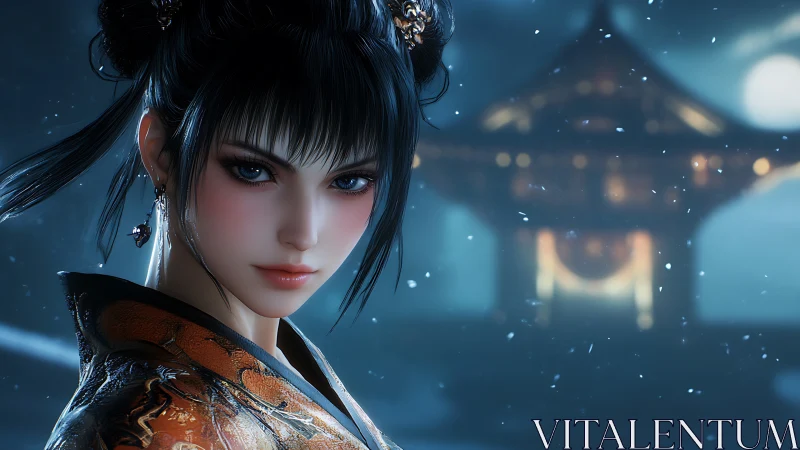 Midnight snow empress watching over lanternlit temple dreams.