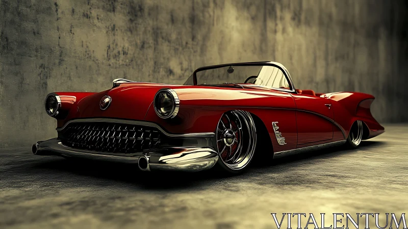 Low-slung red classic convertible gleams in moody studio light