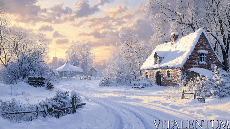 Snow-dusted cottage listens quietly to a peach dawn