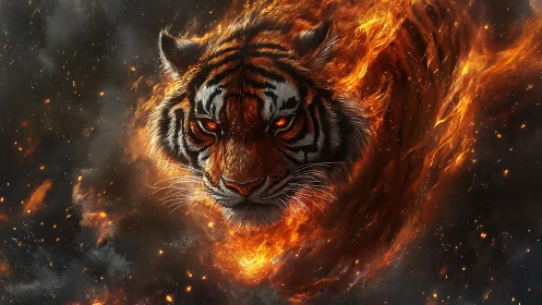 Fireborn tiger spirit emerging from swirling starlit embers.