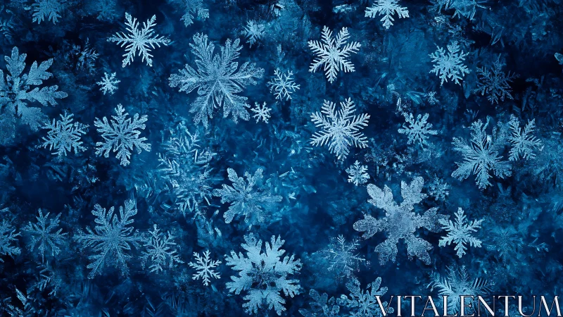 Intricate ice snowflakes shimmer across a deep blue field.