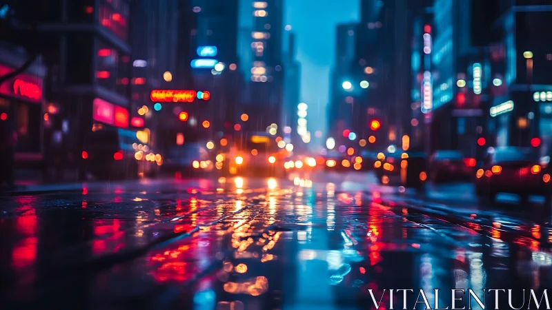 Wet city street surface reflects defocused night traffic lights