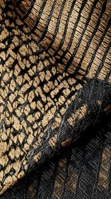 Gold and black woven textile shows rich layered structure.