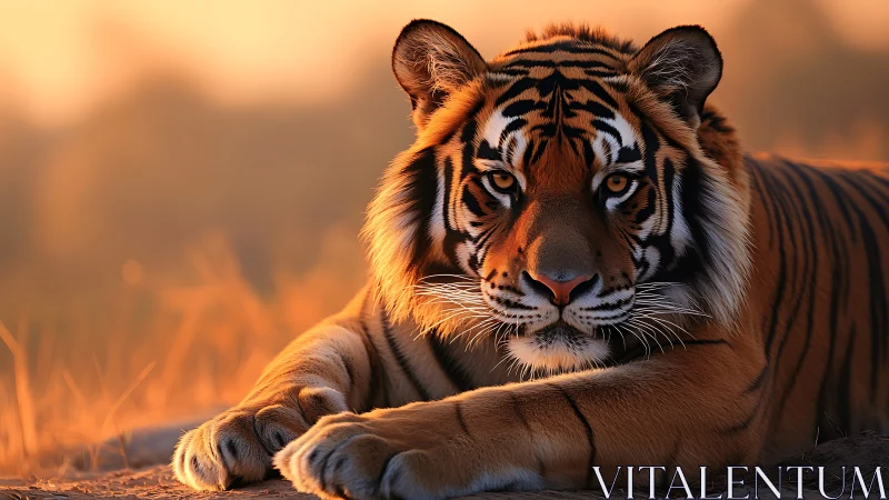 Resting tiger in warm sunset light, detailed close view.