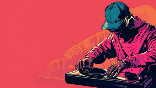 Vector-precision DJ at turntables in neon chromatic contrast.