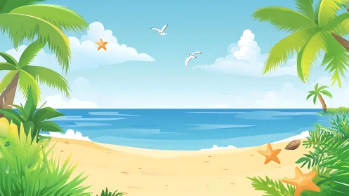 Tropical Beach Paradise with Palm Trees and Ocean Horizon.