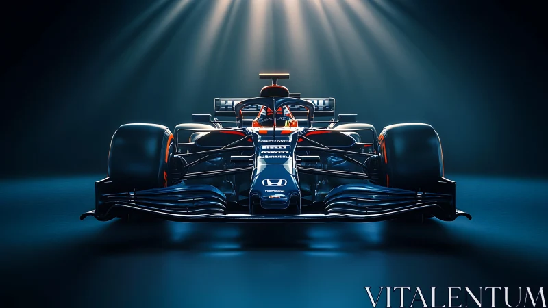 Front-on render of modern Formula racing car under studio beams