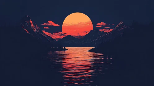 Chromatic eclipse over alpine lake with high-contrast reflections.