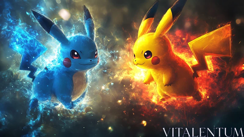 Elemental dual Pikachu confrontation in volatile energy field.