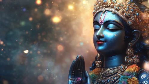 Serene blue deity in jeweled light and soft glowing shimmer.