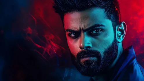 Intense male portrait uses red and blue split lighting