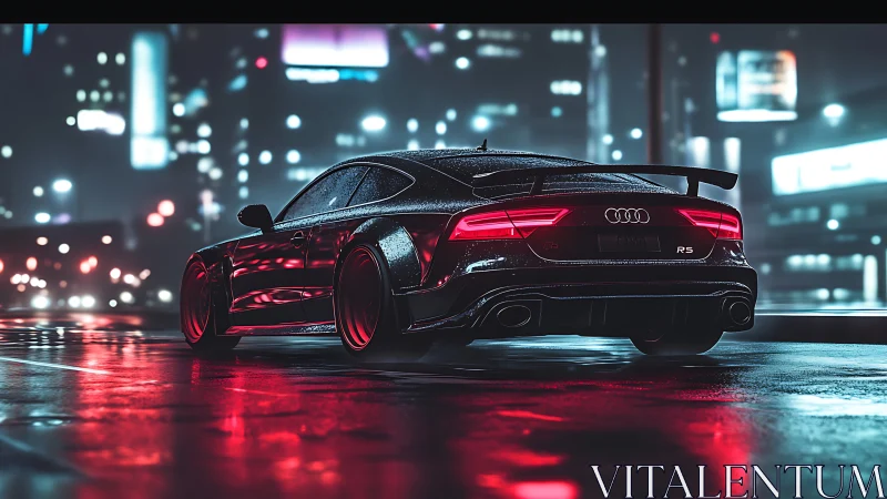 Sleek sports car glowing in neon rain on a city night street.