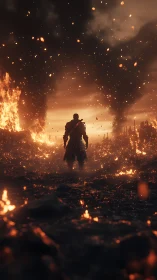 Backlit armored wanderer traversing ember-saturated wasteland.