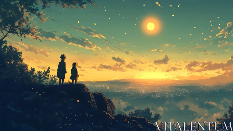 Silhouetted figures observe a luminous anime skyline at dusk