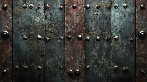 Rusted riveted steel panels with dark industrial patina.