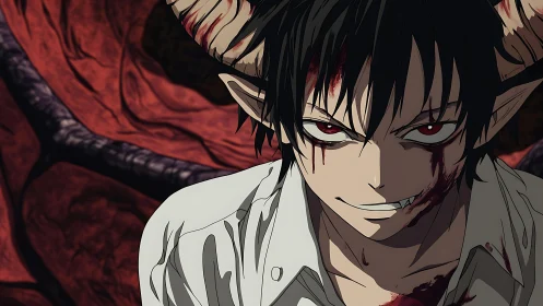 Bloodstained demon youth grins beneath a pulsing hellscape.