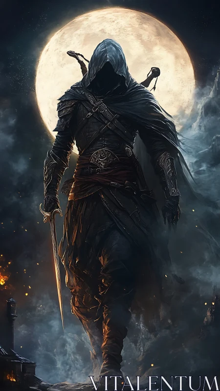 Mysterious hooded rogue walking boldly beneath full moon.