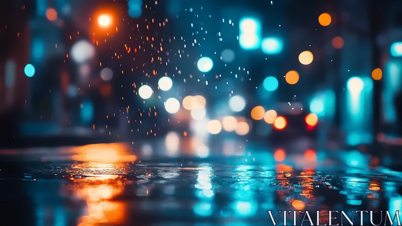 Rain falls onto wet city street as blurred traffic lights glow