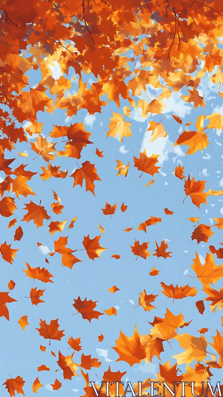 Autumn maple leaves rotate across clear cerulean sky