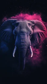 Neon elephant portrait glows against vibrant magenta smoke.