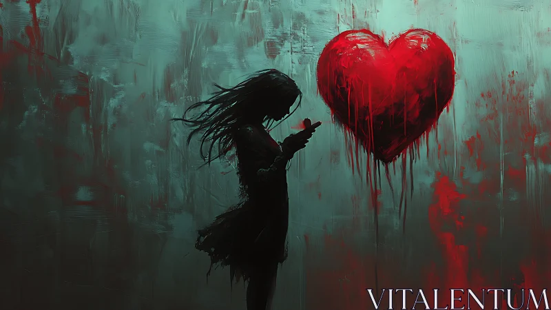 Silhouetted girl before bleeding red heart in teal void.