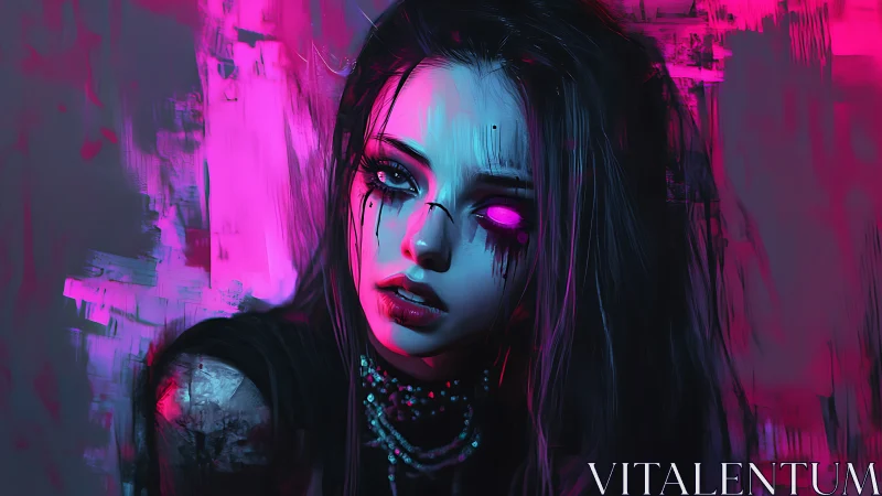 Neon-lit cyber-goth portrait with glitching luminescent eyes