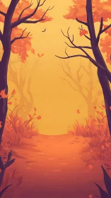 Autumn Forest Path Glowing in Golden Sunset Light.