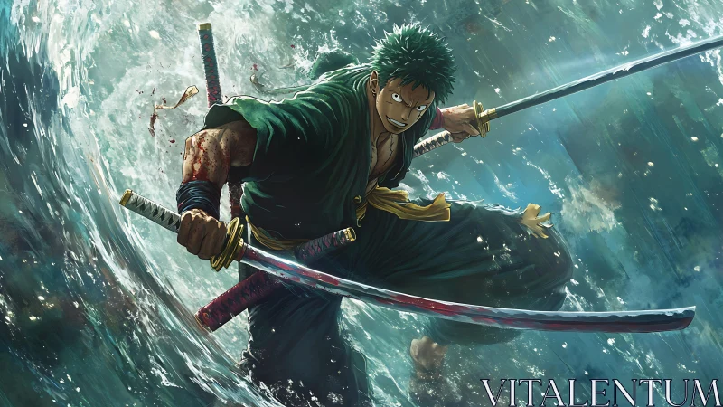 Triple-blade storm dancer cleaves through the roaring sea