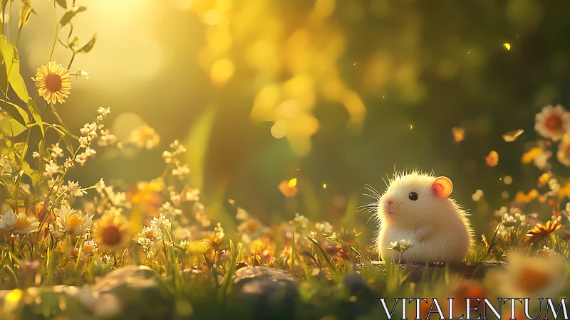 Small white rodent in sunlit meadow with wildflowers.