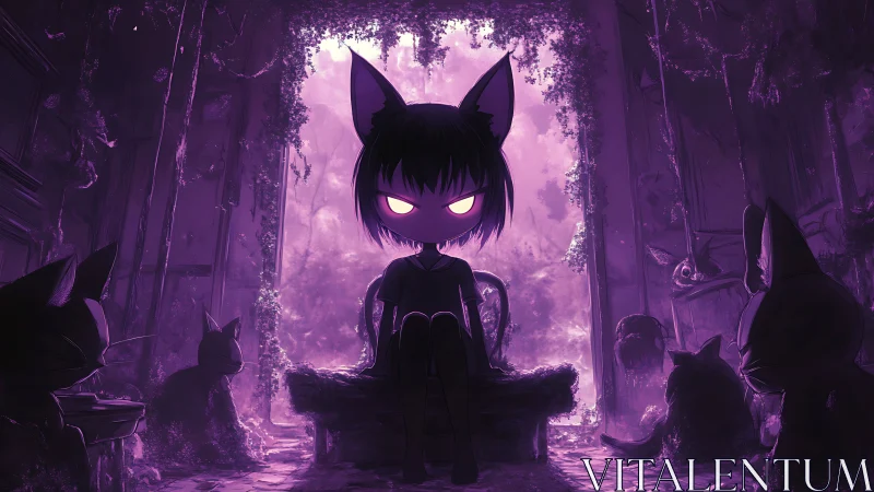 Shadowed cat-eared sovereign rules a violet feral throne room.