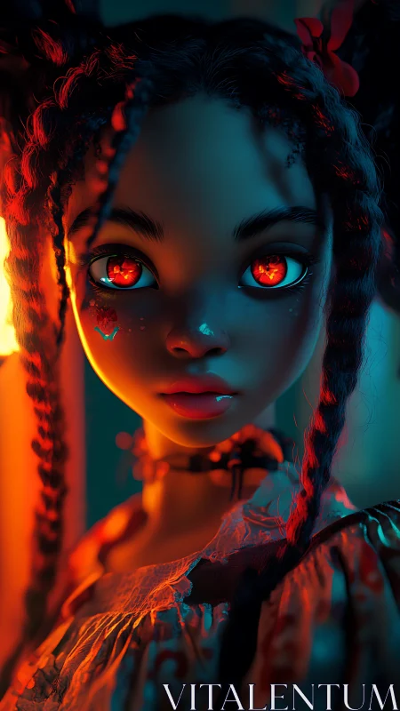 Digital painting portrait with neon chiaroscuro and braids.