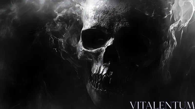 Smoky monochrome skull emerging from dark void.