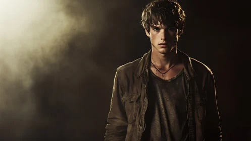 Young male subject in low key, smoke filled studio environment.