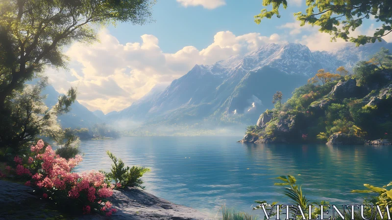 Digital painting of alpine lake with lush botanical shoreline.