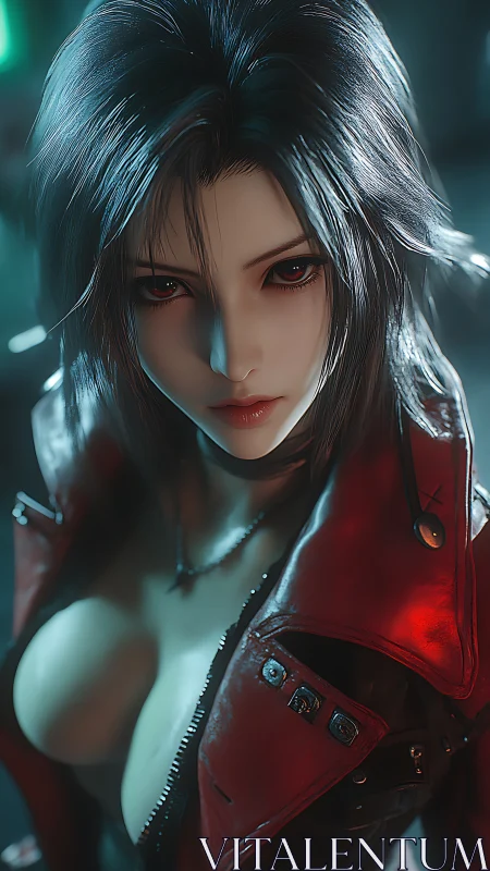 Neo-noir warrior girl in vivid red leather jacket