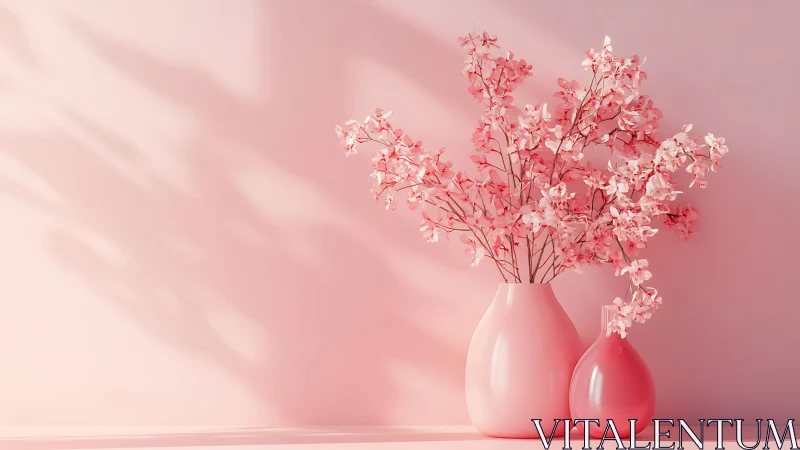 Soft pink blossoms resting in smooth pastel vases on light.