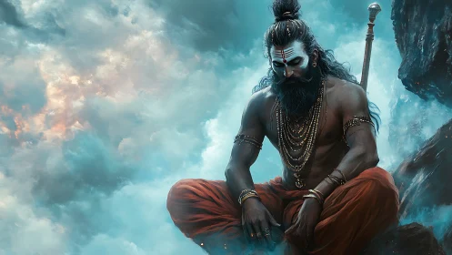 Sky-borne ascetic carves stillness from storm-torn clouds