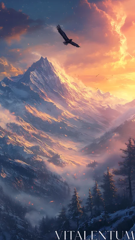 Soaring eagle above blazing alpine sunset ridgeline.