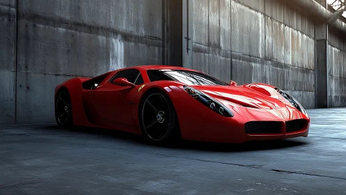 Scarlet supercar relaxes in a quiet industrial garage
