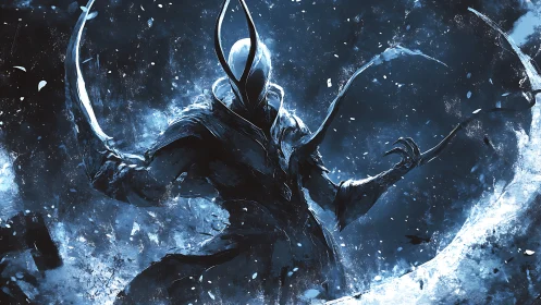 Shadowed humanoid figure with curved blades in icy vortex.