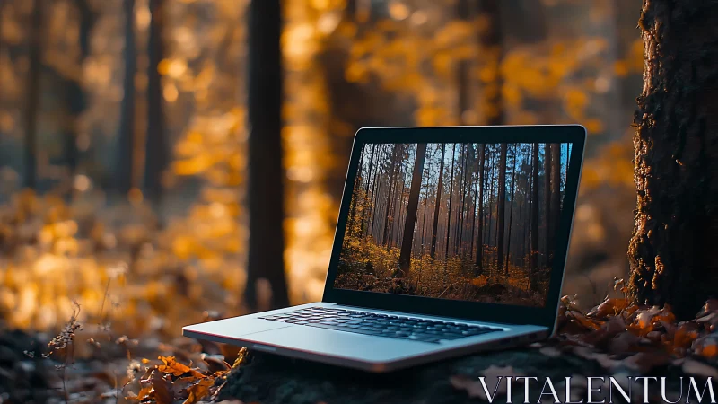 Laptop on forest floor showing wooded landscape on screen.