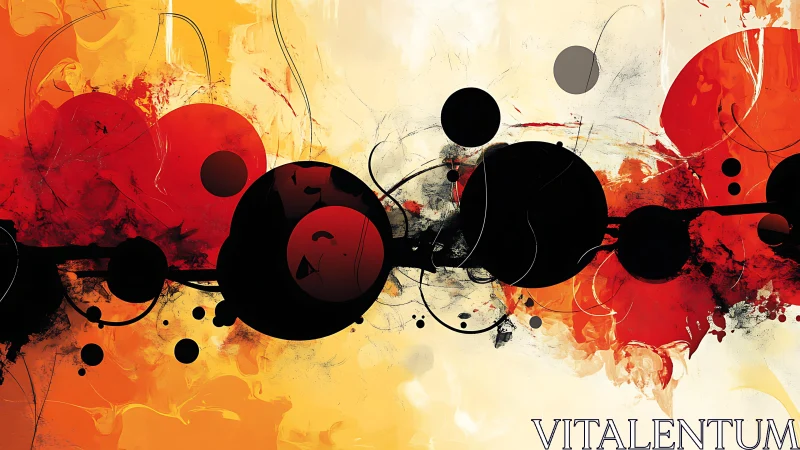 Abstract geometric painting with black circles and vivid red hues.