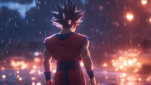 Cinematic anime warrior in rain with dramatic bokeh lighting.