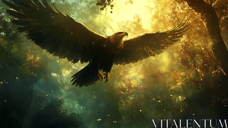 Majestic Eagle Soaring Over Sunlit Forest in Fantasy Art Style.