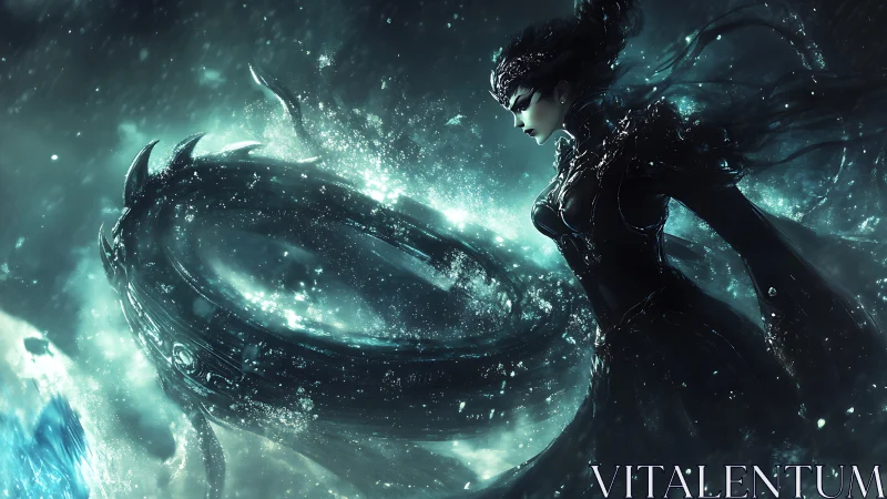 Dark armored sorceress confronts luminous aquatic vortex