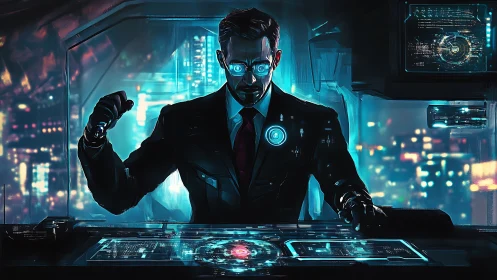 Cybernetic strategist at neon command interface in dusk metropolis.