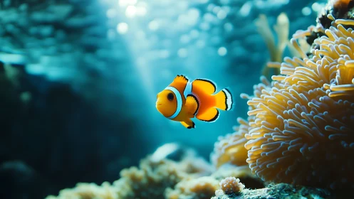 Clownfish swims near sea anemone in clear underwater light