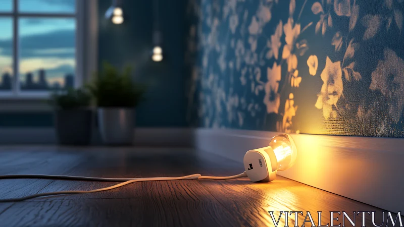 Quiet plug-in glow hugging a floral midnight hallway wall.