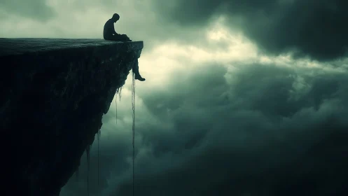 Solitary dreamer perched above a storm-swallowed sky.